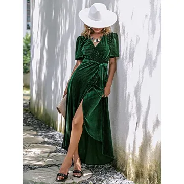 BerryGo Women's Emerald Green Velvet Wrap Midi Dress
