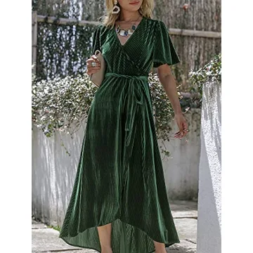BerryGo Women's Emerald Green Velvet Wrap Midi Dress