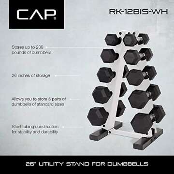 CAP Barbell A-Frame Dumbbell Weight Rack, White (RK-12BIS-WH) with CAP 50lb Coated Hex Dumbbells, 5x2 20x2, & 10x2 15x2 & 25x2, Part of 150lb Set
