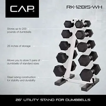 CAP Barbell A-Frame Dumbbell Weight Rack, White (RK-12BIS-WH) with CAP 50lb Coated Hex Dumbbells, 5x2 20x2, & 10x2 15x2 & 25x2, Part of 150lb Set