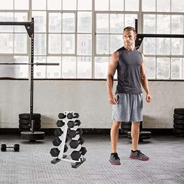 CAP Barbell A-Frame Dumbbell Weight Rack, White (RK-12BIS-WH) with CAP 50lb Coated Hex Dumbbells, 5x2 20x2, & 10x2 15x2 & 25x2, Part of 150lb Set