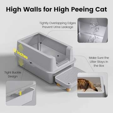 Stainless Steel Cat Litter Box - Enclosed Litter Box with Lid XL Extra Large Metal Litter Box for Big Cats, High Sided Kitty Litter Box Anti-Leakage, Easy Cleaning, Non-Sticky, Included Spoon & Aisle