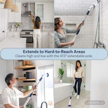 Casabella Power Spin Scrubber, Extendable to 47.5” – Cordless Electric Cleaner for Shower, Kitchen, Bathroom, Tile, Tub, Car, Deck - Rechargeable Spin Brush with Adjustable Brush Head & 4 Attachments