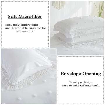OARAGE Boho White Twin Comforter Set, 2 Piece Pom Pom Tufted Comforter with Tassel, Shabby Chic Bed Set with 1 Pillowcase, Cute Bedding Comforter Sets for All Season