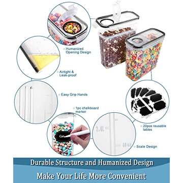Cereal Containers Storage, Skroam Airtight Food Storage with Lid for Kitchen & Pantry Organization, BPA-Free Plastic Canister, 20 Lables & Marker