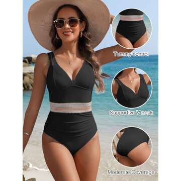 ANRABESS One Piece Swimsuit for Women Tummy Control V Neck Slimming Sexy Bathing Suit Color Block Padded Beach Swimwear