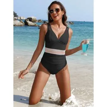 ANRABESS One Piece Swimsuit for Women Tummy Control V Neck Slimming Sexy Bathing Suit Color Block Padded Beach Swimwear