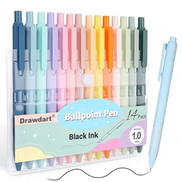 Drawdart 14-Pack Pastel Ballpoint Pens, Medium 1.0mm Black Ink, Retractable - For Smooth Writing and...