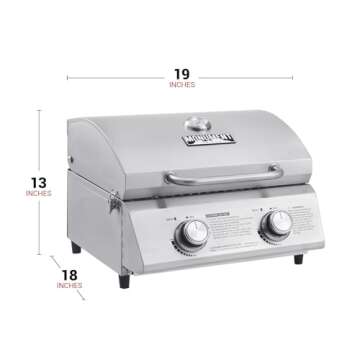 Monument Grills Tabletop Propane Gas Grill for Outdoor Portable Camping Cooking with Travel Locks, Stainless Steel High Lid, and Built in Thermometer