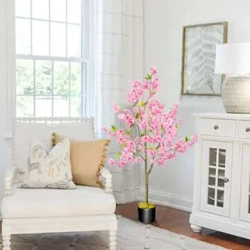HUAESIN 4.1ft Artificial Cherry Blossom Tree Artificial Trees Tall Faux Plants Indoor Pink Fake Sakura Flowers Tree for Spring Home Room Office Wedding Party Valentine's Day Outdoor Decorations