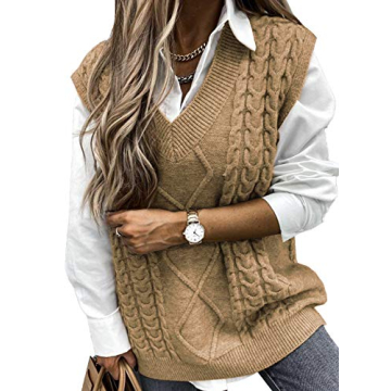 EVALESS Women's Sweater Vest V Neck Sleeveless Sweaters for Women 2024 Cable Knit Solid Color Tops L...