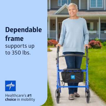 Medline Steel Rollator Walker for Adult Mobility Impairment, Blue, 350 lb. Weight Capacity, 8” Whe...