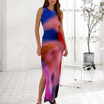 Women's Casual Tie-Dye Bodycon Maxi Dress Sleeveless Tank Wrap Split Beach Party Long Dresses (Purpl...
