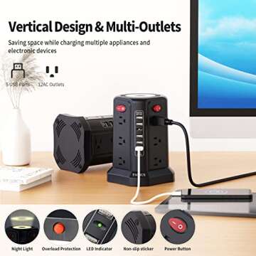 Surge Protector Power Strip Tower with 5 USB Ports and Night Light,10FT Extension Cord with 12 AC Mu...