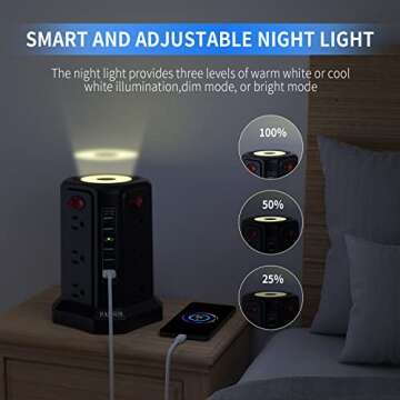 Surge Protector Power Strip Tower with 5 USB Ports and Night Light,10FT Extension Cord with 12 AC Multiple Outlets, PASSUS Power Tower Overload Protection for Home Office Dorm Room Essentials(Black)