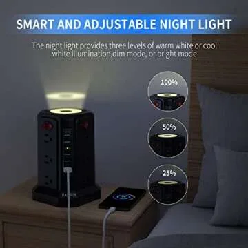 Surge Protector Power Strip Tower with USB and Night Light