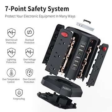 Surge Protector Power Strip Tower with 5 USB Ports and Night Light,10FT Extension Cord with 12 AC Multiple Outlets, PASSUS Power Tower Overload Protection for Home Office Dorm Room Essentials(Black)