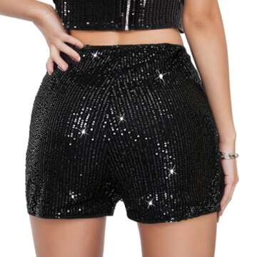 generic Women's Sequin Sparkle Elastic High Waist A Line Party Concert Shorts (Black), Small