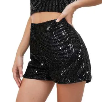 generic Women's Sequin Sparkle Elastic High Waist A Line Party Concert Shorts (Black), Small