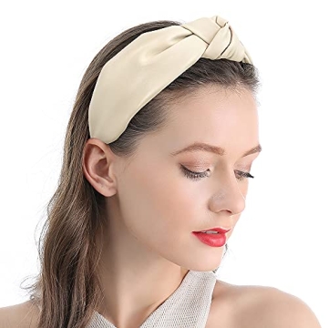 QIANXUAN Wide Hair Bands for Women - Black Cloth Headband and Leather Headbands with Tie for Glam Girl Fashion (2Pcs Pu Artificial Top Knot)
