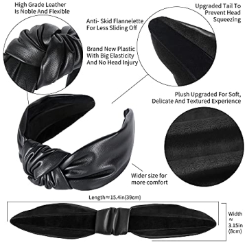 QIANXUAN Wide Hair Bands for Women - Black Cloth Headband and Leather Headbands with Tie for Glam Girl Fashion (2Pcs Pu Artificial Top Knot)