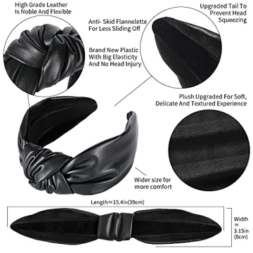 QIANXUAN Wide Hair Bands for Women - Black Cloth Headband and Leather Headbands with Tie for Glam Girl Fashion (2Pcs Pu Artificial Top Knot)