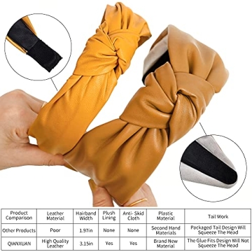 QIANXUAN Wide Hair Bands for Women - Black Cloth Headband and Leather Headbands with Tie for Glam Girl Fashion (2Pcs Pu Artificial Top Knot)