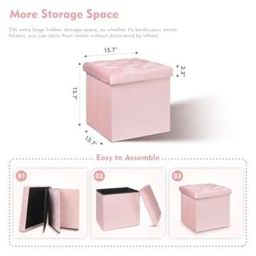 B FSOBEIIALEO Storage Ottoman Cube, Velvet Tufted Folding Ottomans with Lid, Footstool Rest Padded Seat for Bedroom (Pink, Medium)