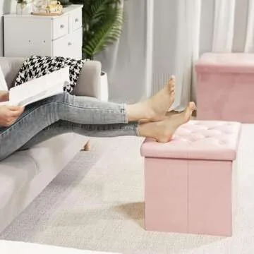 B FSOBEIIALEO Storage Ottoman Cube, Velvet Tufted Folding Ottomans with Lid, Footstool Rest Padded Seat for Bedroom (Pink, Medium)