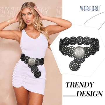 WERFORU Women Vintage Leather Belt Western Disc Waist Belts Ladies Western Belt Boho Belt for Dress ...