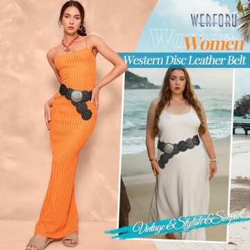WERFORU Women Vintage Leather Belt Western Disc Waist Belts Ladies Western Belt Boho Belt for Dress Jean (41":Fit Waist Size Below 37",Black-Silver Buckle)