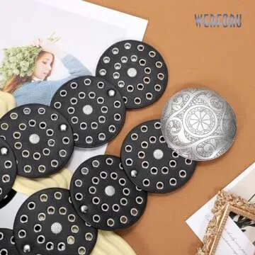 WERFORU Women Vintage Leather Belt Western Disc Waist Belts Ladies Western Belt Boho Belt for Dress Jean (41":Fit Waist Size Below 37",Black-Silver Buckle)