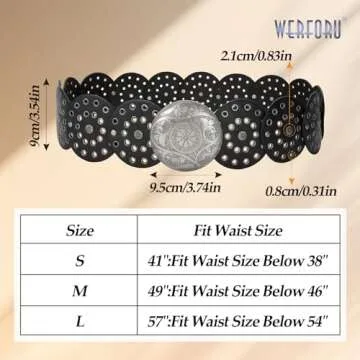 WERFORU Women Vintage Leather Belt Western Disc Waist Belts Ladies Western Belt Boho Belt for Dress Jean (41":Fit Waist Size Below 37",Black-Silver Buckle)