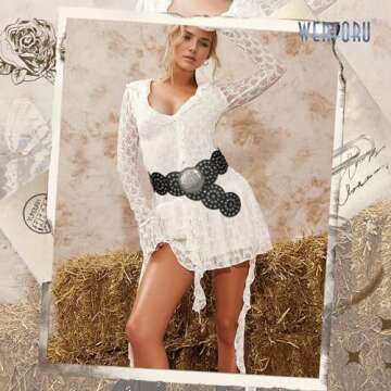 WERFORU Women Vintage Leather Belt Western Disc Waist Belts Ladies Western Belt Boho Belt for Dress Jean (41":Fit Waist Size Below 37",Black-Silver Buckle)