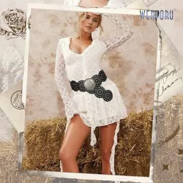 WERFORU Women Vintage Leather Belt Western Disc Waist Belts Ladies Western Belt Boho Belt for Dress Jean (41":Fit Waist Size Below 37",Black-Silver Buckle)