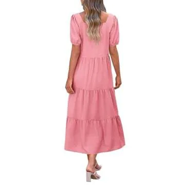 KIRUNDO Easter Dress for Women Summer Short Sleeve Square Neck Dress Flowy Long Beach Wedding Guest ...
