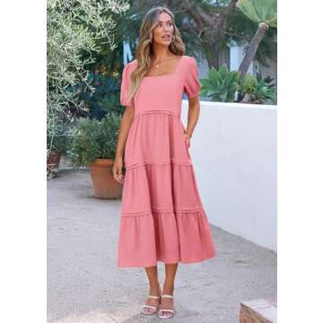 KIRUNDO Easter Dress for Women Summer Short Sleeve Square Neck Dress Flowy Long Beach Wedding Guest Dresses Casual Loose Tiered Ruffle Maxi Dress(Pink, Large)