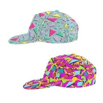 Neon 80s 90s Flat Bill Baseball Cap for Men Women Teens, Retro Memphis Snapback Sun Hat for Pack 2
