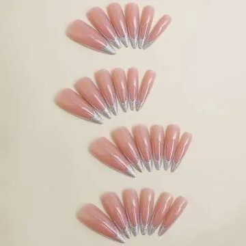 MISUD Press on Nails Long Stiletto Fake Nails Glossy Glue on Nails Bling Glitter French Tip Acrylic Nails Almond Artificial Nails Nude Pink Stick on False Nails with Design 24 pcs