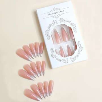 MISUD Press on Nails Long Stiletto Fake Nails Glossy Glue on Nails Bling Glitter French Tip Acrylic Nails Almond Artificial Nails Nude Pink Stick on False Nails with Design 24 pcs