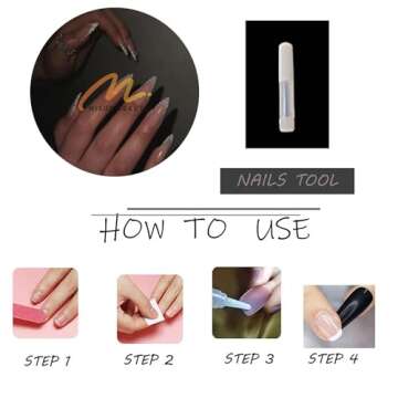 MISUD Press on Nails Long Stiletto Fake Nails Glossy Glue on Nails Bling Glitter French Tip Acrylic Nails Almond Artificial Nails Nude Pink Stick on False Nails with Design 24 pcs