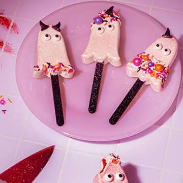 Fancy Sprinkles Billie Ghost Mold, 4 Cavities Reusable Silicone, For Baking & Dessert Decorating, Includes 8 Black Glitter Acrylic Sticks (10 ¼” W x ⅞” H x 6 ⅜” D)