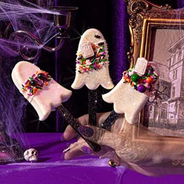 Fancy Sprinkles Billie Ghost Mold, 4 Cavities Reusable Silicone, For Baking & Dessert Decorating, Includes 8 Black Glitter Acrylic Sticks (10 ¼” W x ⅞” H x 6 ⅜” D)