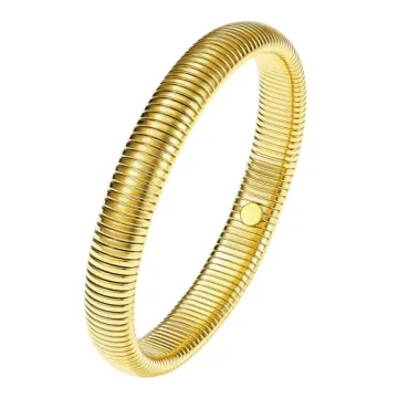 KeyStyle Gold Bangles for Women Thin Stretch Bracelets, High Polished Snake Link Flexible Bangle Bra...