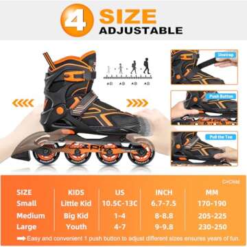 2PM SPORTS Torinx Orange Boys Adjustable Inline Skates, Fun Beginner Roller Skates for Kids, Youth, Girls and Women - Orange Small