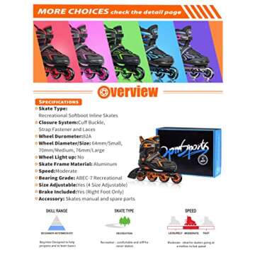 2PM SPORTS Torinx Orange Boys Adjustable Inline Skates, Fun Beginner Roller Skates for Kids, Youth, Girls and Women - Orange Small