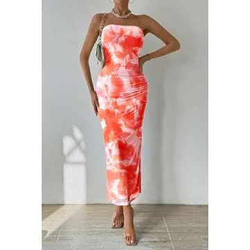 PRETTYGARDEN Women's Summer Maxi Bodycon Dresses Strapless Tube Top Printed Long Party Club Slit Dress (Print Light Orange,Medium)