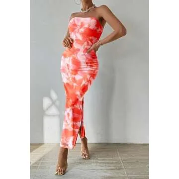 PRETTYGARDEN Women's Summer Maxi Bodycon Dresses Strapless Tube Top Printed Long Party Club Slit Dress (Print Light Orange,Medium)