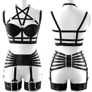 Body Harness Full for Women Garter Belts Set Strappy Lingerie Punk Gothic Elastic Adjust Bodysuit Party Dancing Action Art Wear (Black 208+126)