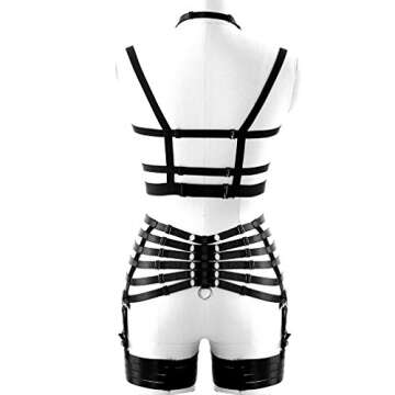 Body Harness Full for Women Garter Belts Set Strappy Lingerie Punk Gothic Elastic Adjust Bodysuit Party Dancing Action Art Wear (Black 208+126)